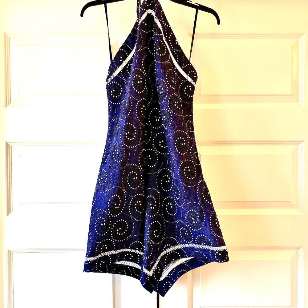 New STAUD Megan Linen Halter Mini Dress Tunic Navy Whirlpool 14 MSRP $300 - Picture 9 of 13